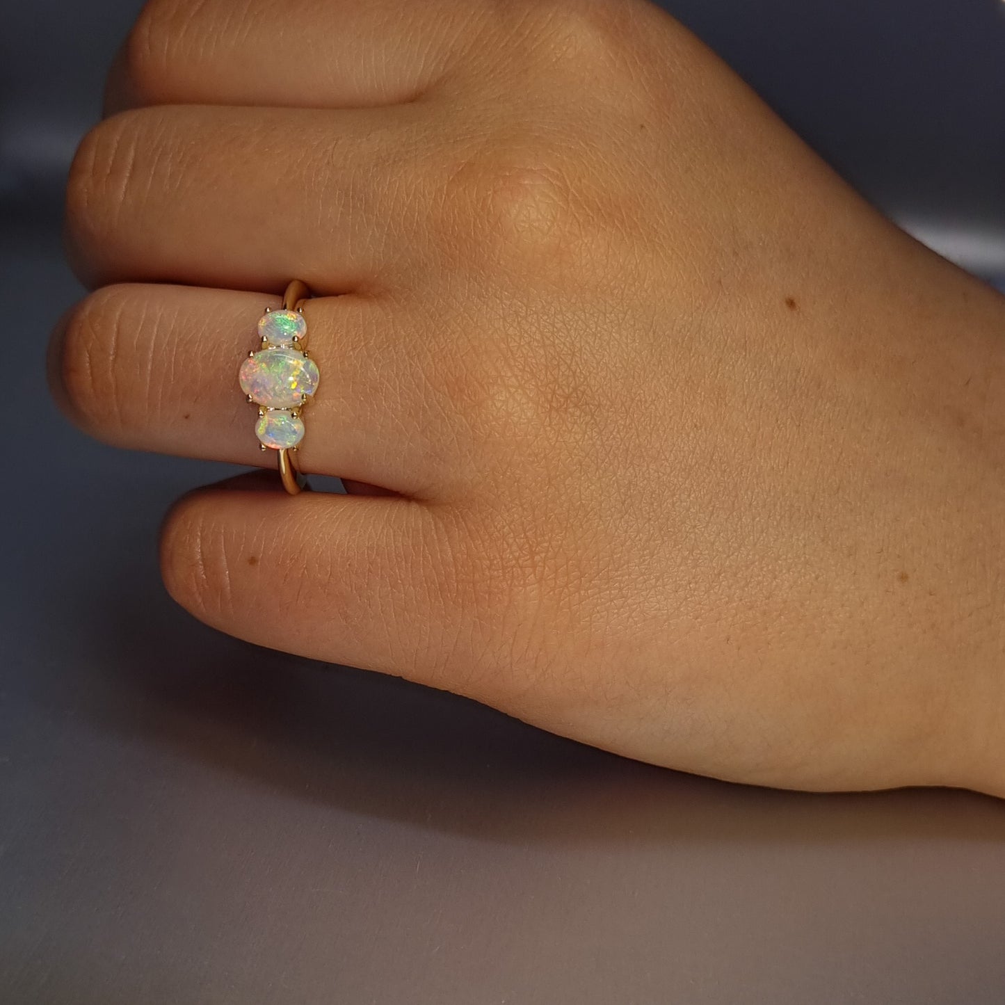 Three Stone Solid Opal Gold Ring