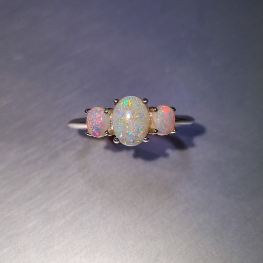 Three Stone Solid Opal Silver Ring