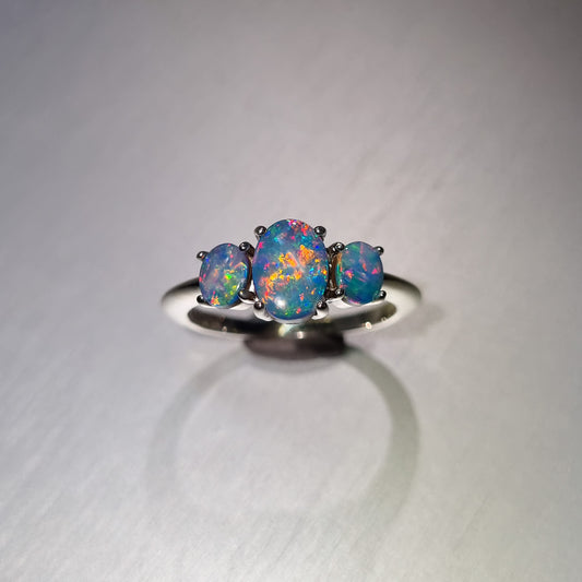 Three Stone Opal Doublet Silver Ring