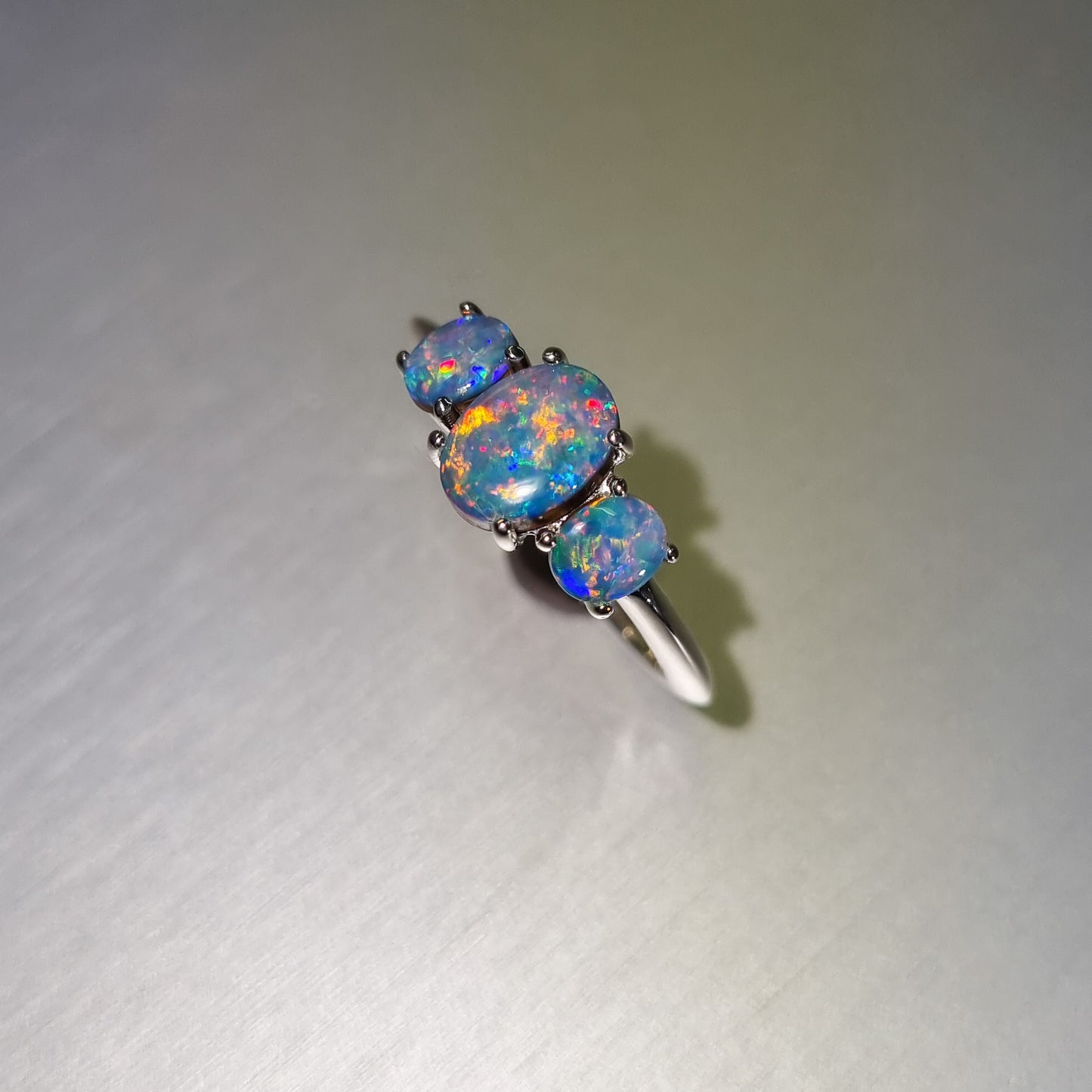 Three Stone Opal Doublet Silver Ring